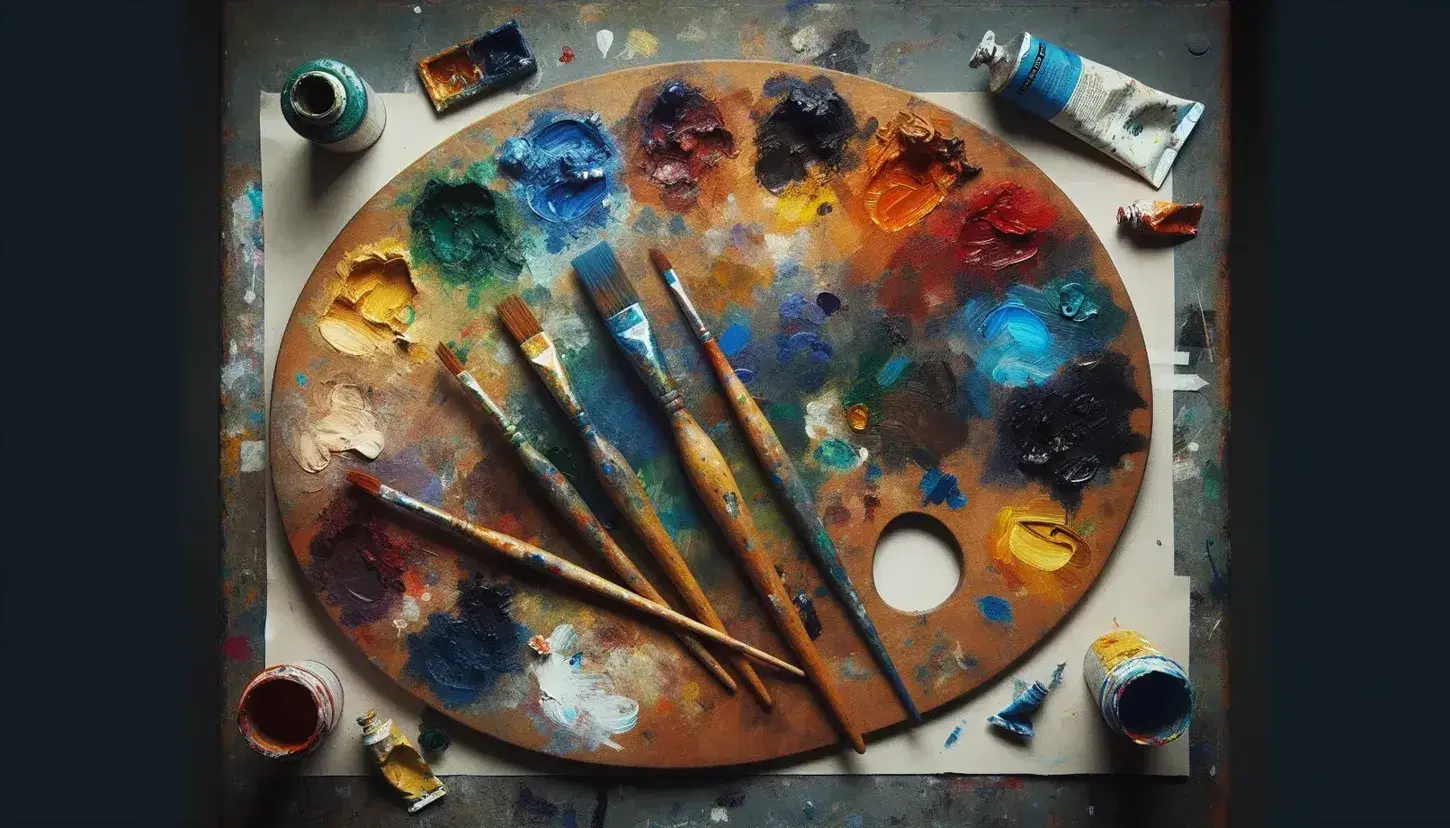 Tavolozza del pittore ovale in legno con macchie di vernice colorate, pennelli con manico in legno e tubetto di pittura blu, in uno studio artistico sfocato.