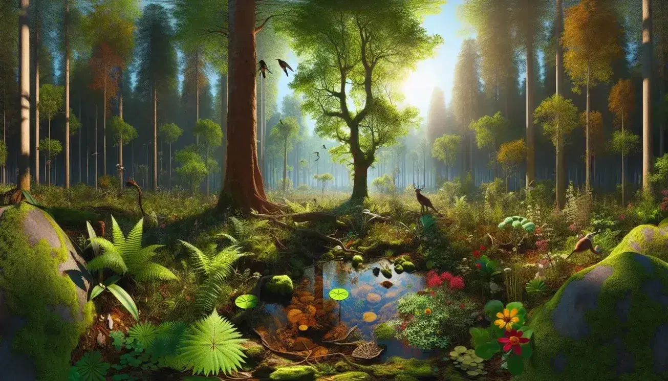 Bosque en día soleado con árbol central robusto, aves posadas, plantas verdes, flores coloridas, charco reflejante y ciervo entre la vegetación.