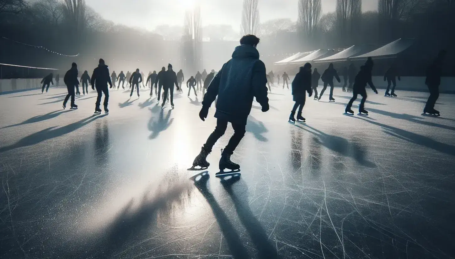 Pattinatore in giacca blu scuro esegue una frenata su pista di ghiaccio, lasciando una scia su sfondo invernale con alberi spogli.