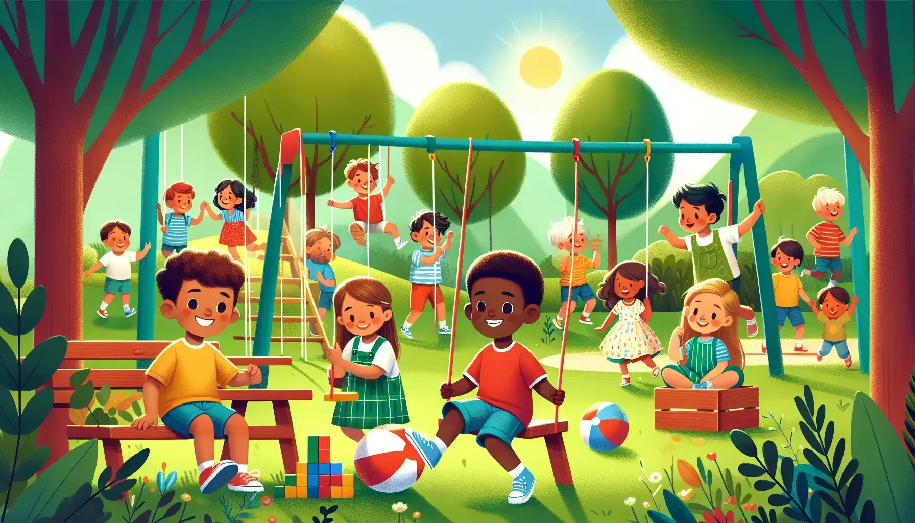 Niños jugando en parque soleado con columpios y juegos, destacando niño en columpio y otros con pelota y bloques.