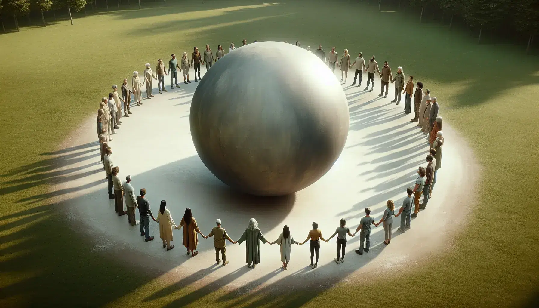 Diverse group of individuals in muted attire encircle and touch a large matte gray sphere in a green park, symbolizing global unity under soft daylight.
