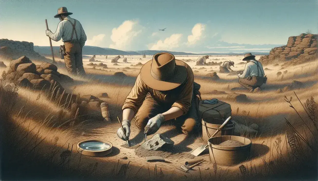 Excavación arqueológica al aire libre con un arqueólogo desenterrando cuidadosamente un artefacto junto a herramientas, con colegas tamizando tierra en un paisaje montañoso.
