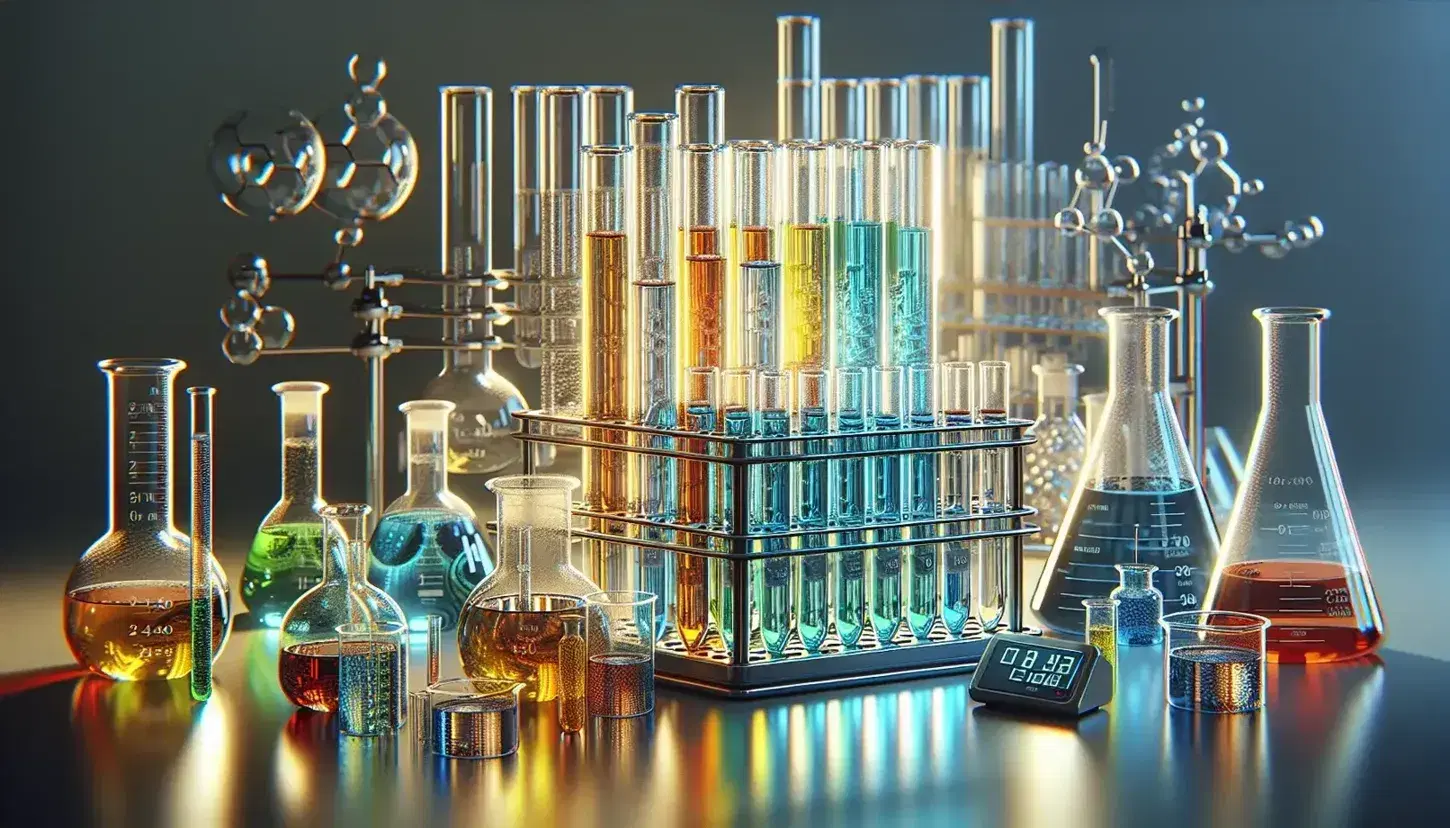Conjunto de tubos de ensayo con líquidos de colores en soporte metálico, balanza analítica y material de laboratorio en fondo desenfocado.