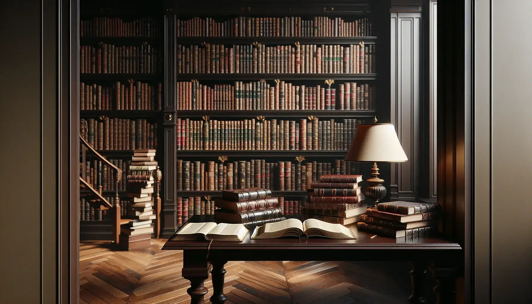 Biblioteca clásica con estanterías de madera oscura llenas de libros encuadernados en cuero, mesa con tomos abiertos y lámpara de mesa, escalera de madera y suelo de parquet en espiga.