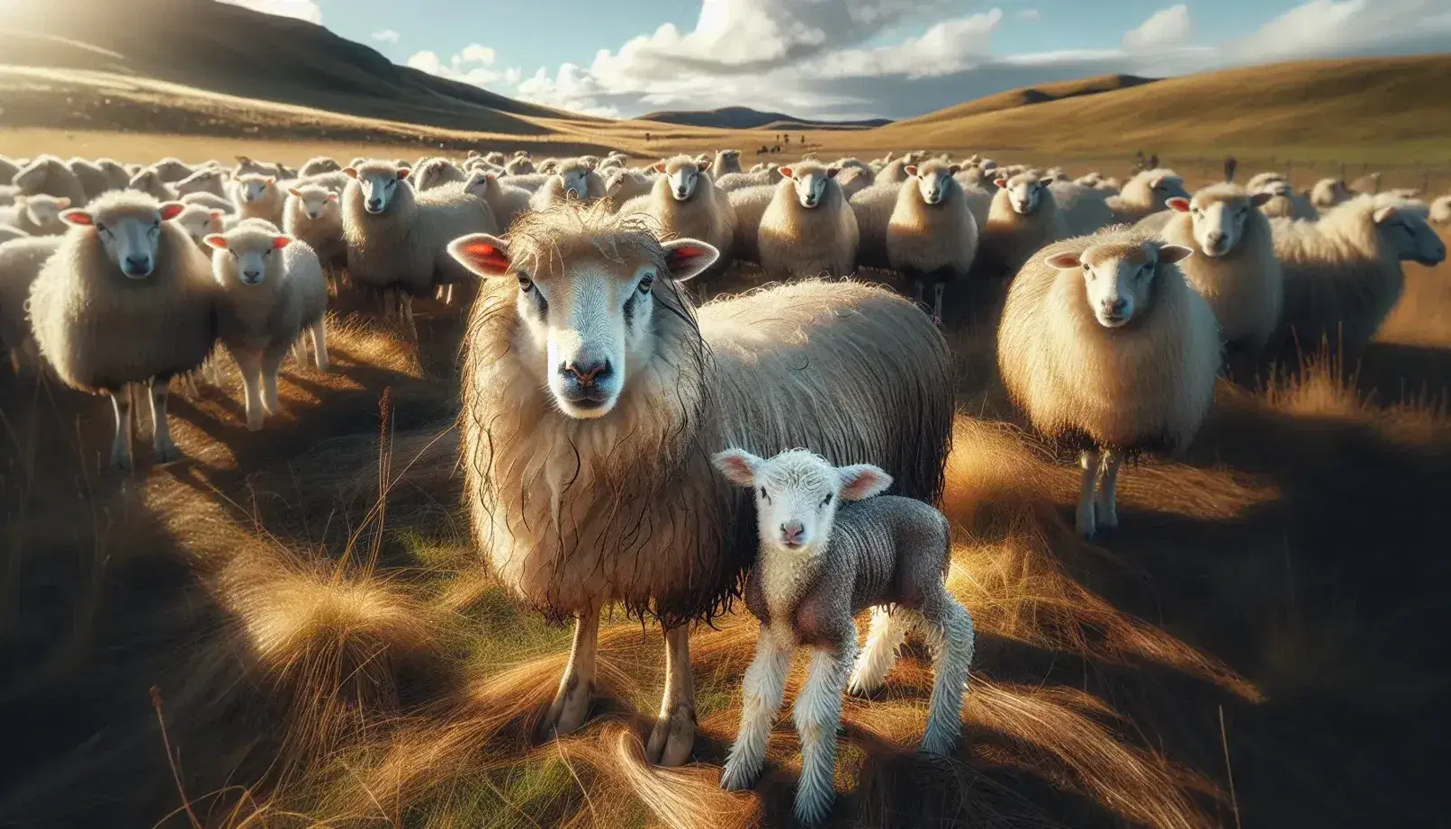 Rebaño de ovejas en campo abierto con cordero recién nacido junto a su madre, rodeados de pasto verde y colina al fondo bajo cielo azul.