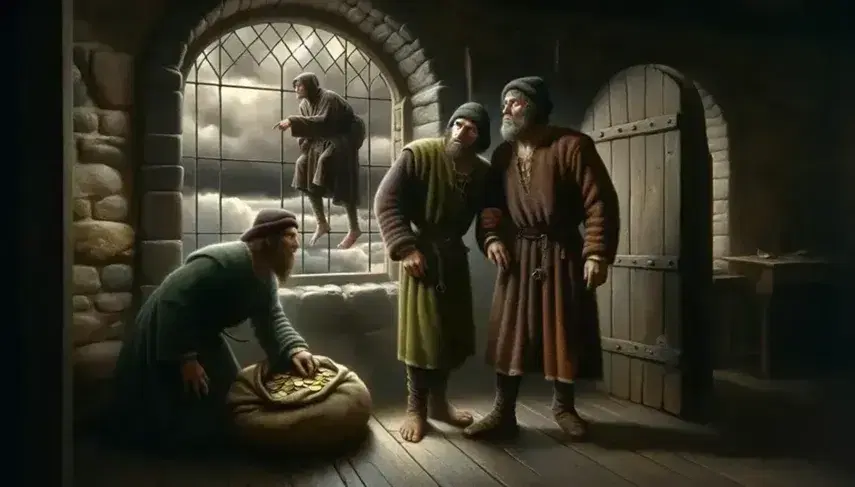 Tre uomini in tuniche medievali osservano sorpresi da una finestra mentre un oste indica loro un sacco di monete d'oro sul pavimento.