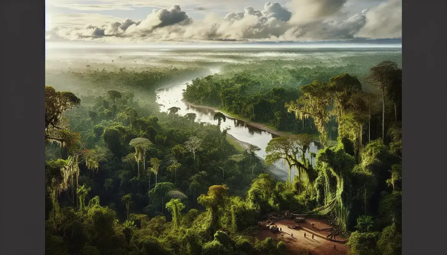 Vista panorámica de la selva amazónica en Perú con un río serpenteante, copas de árboles verdes y figuras humanas diminutas a la orilla.