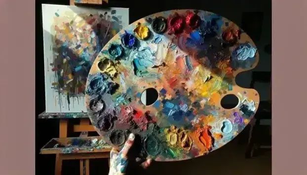 Paleta de pintor ovalada con manchas de pintura de colores vivos sostenida por una mano manchada, y lienzo abstracto al fondo.