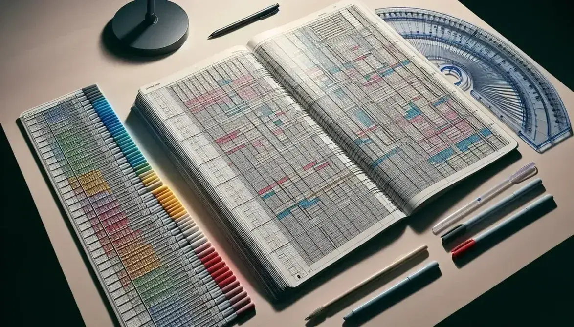 Close-up view of a tidy desk with open planner, colorful markers, transparent protractor and mechanical pencil, under the soft light of a modern table lamp.