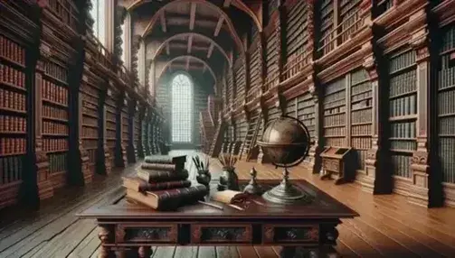 Biblioteca antica con scrivania in legno scuro, libri rilegati, calamaio, sfera armillare, mappamondo e scaffali pieni di volumi.