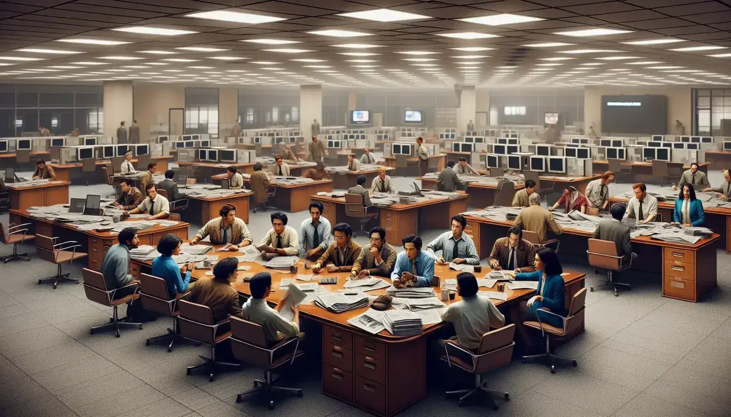 Diverse journalists discuss around a table in a well-lit newsroom with computers and documents, reflecting a dynamic work environment.