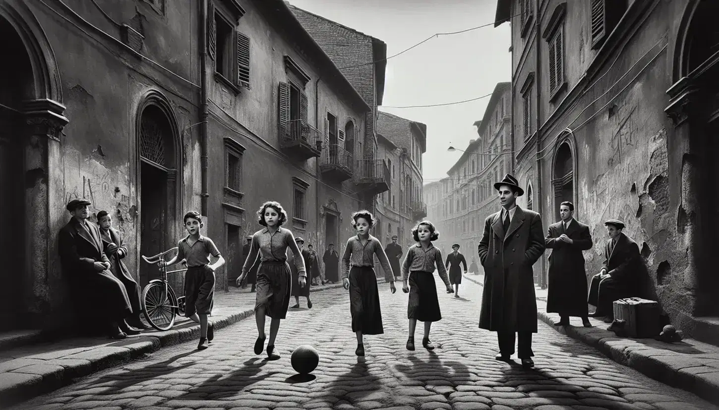 Scena neorealista in bianco e nero con bambini che giocano in una strada acciottolata e coppia che cammina in un quartiere storico italiano.