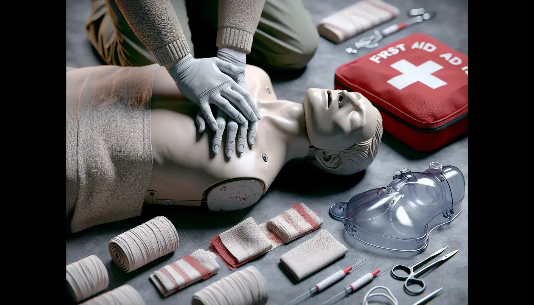 Manos con guantes realizando compresiones torácicas en maniquí de RCP sobre superficie plana, con botiquín de primeros auxilios y material médico desenfocado al fondo.