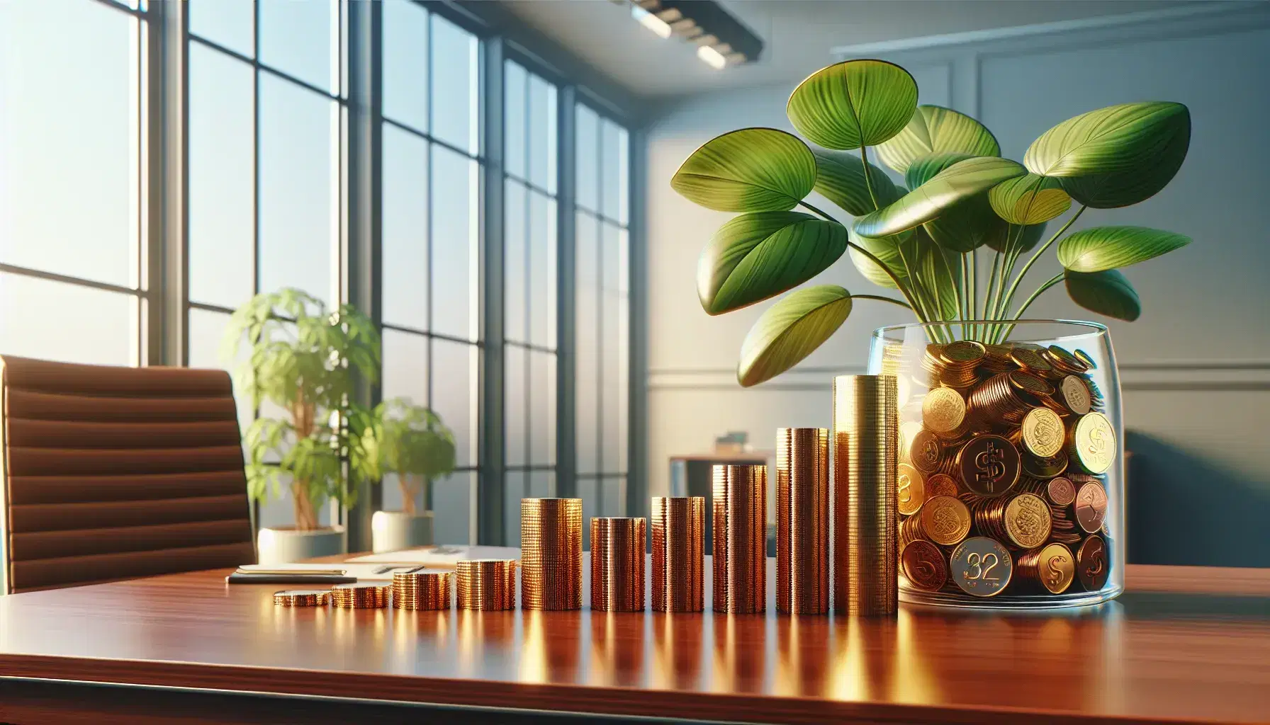 Organized office with a mahogany desk displaying ascending stacks of gold, silver, and copper coins, a coin-filled glass jar, and a lush green potted plant by a window with a clear blue sky view.