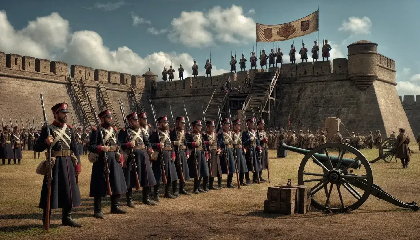 Soldados en uniformes del siglo XIX formados con rifles y un oficial con espada apuntando adelante, frente a una fortificación de piedra con cañón antiguo bajo un cielo azul.
