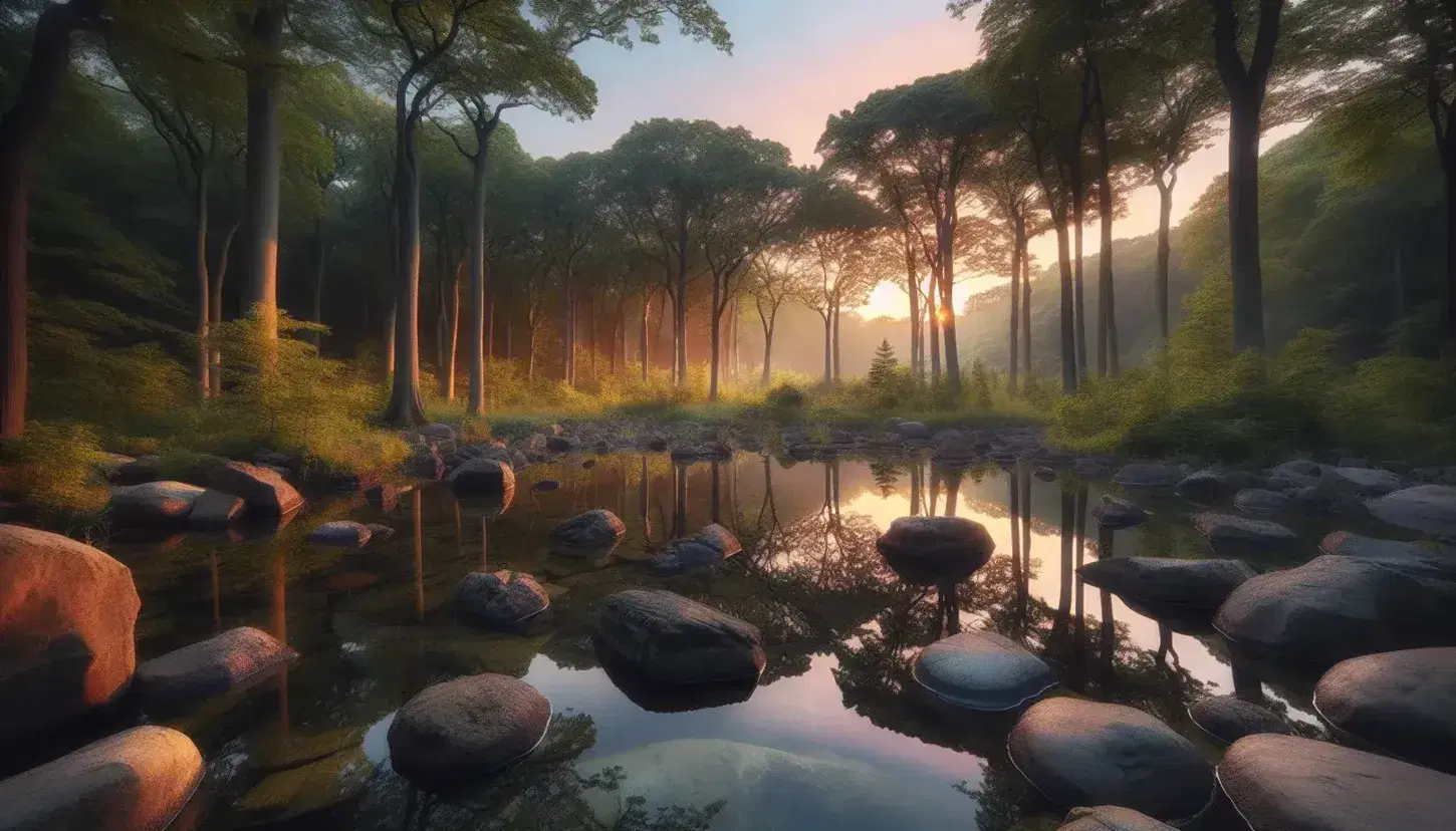 Serene dawn in a woodland with a reflective pond, rocks, green trees, and a pastel-hued sky, highlighting nature's tranquility.