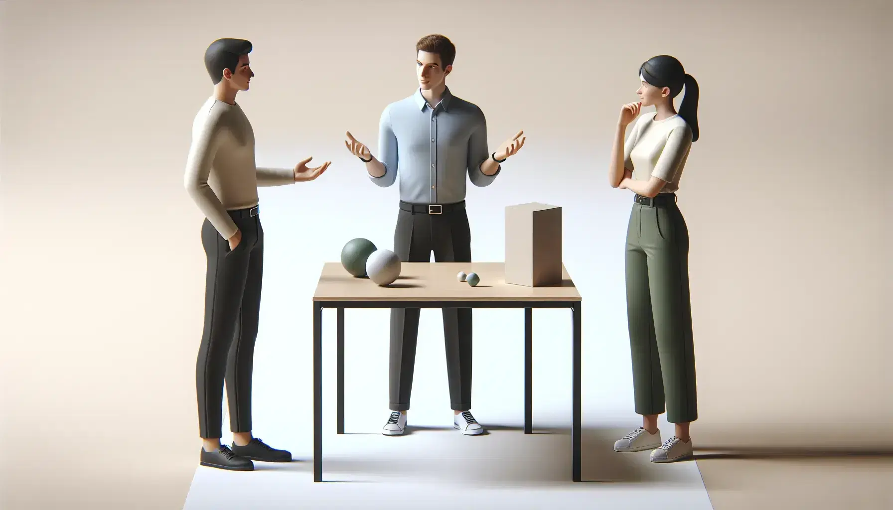 Tres profesionales en una oficina discuten activamente alrededor de un modelo 3D de figuras geométricas, mostrando gestos de comunicación y escucha atenta.