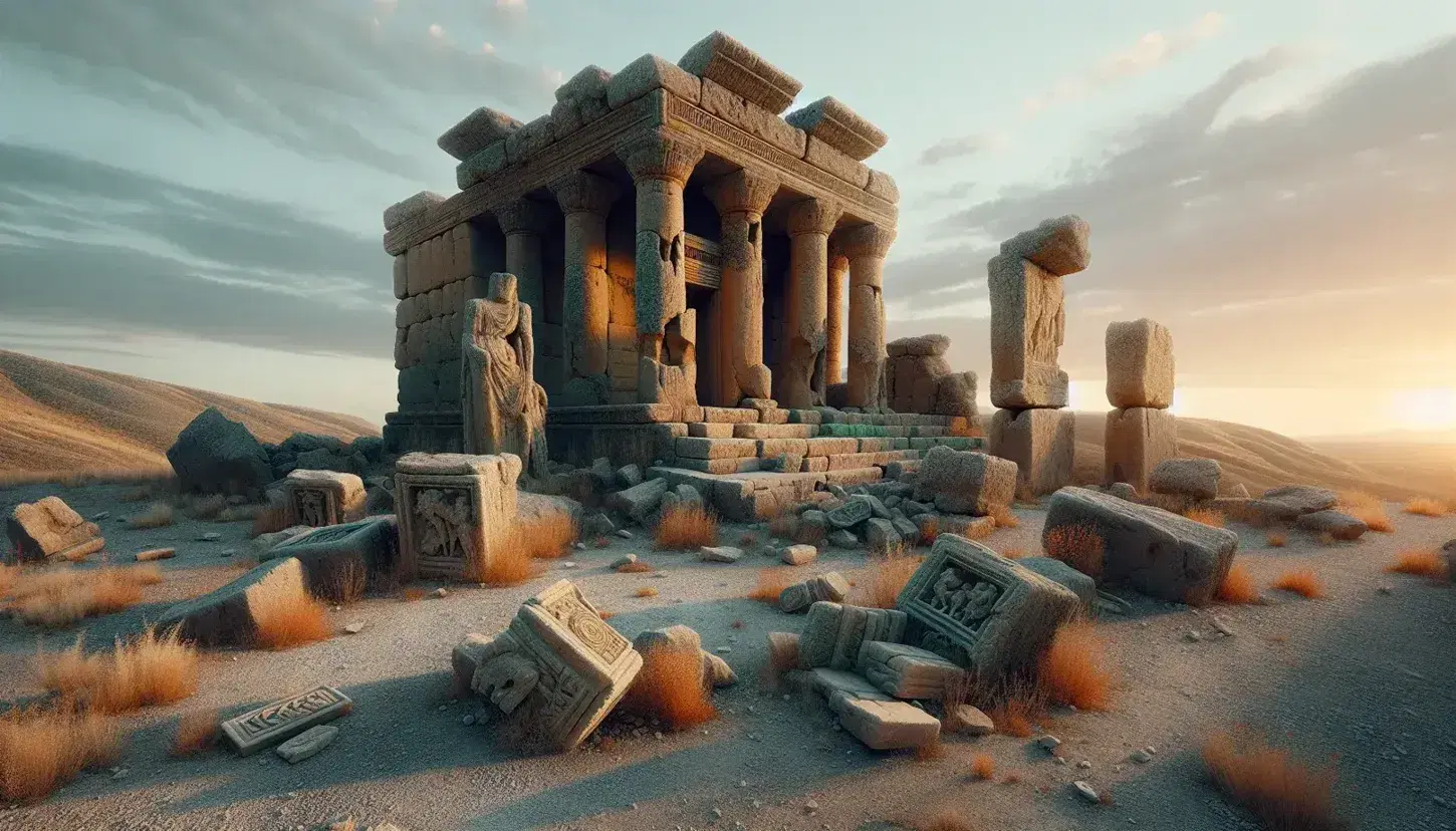 Rovine di un tempio Hittita antico con blocchi di pietra erosi, colonne crollate, statue di guerrieri e bassorilievi frammentati al tramonto.