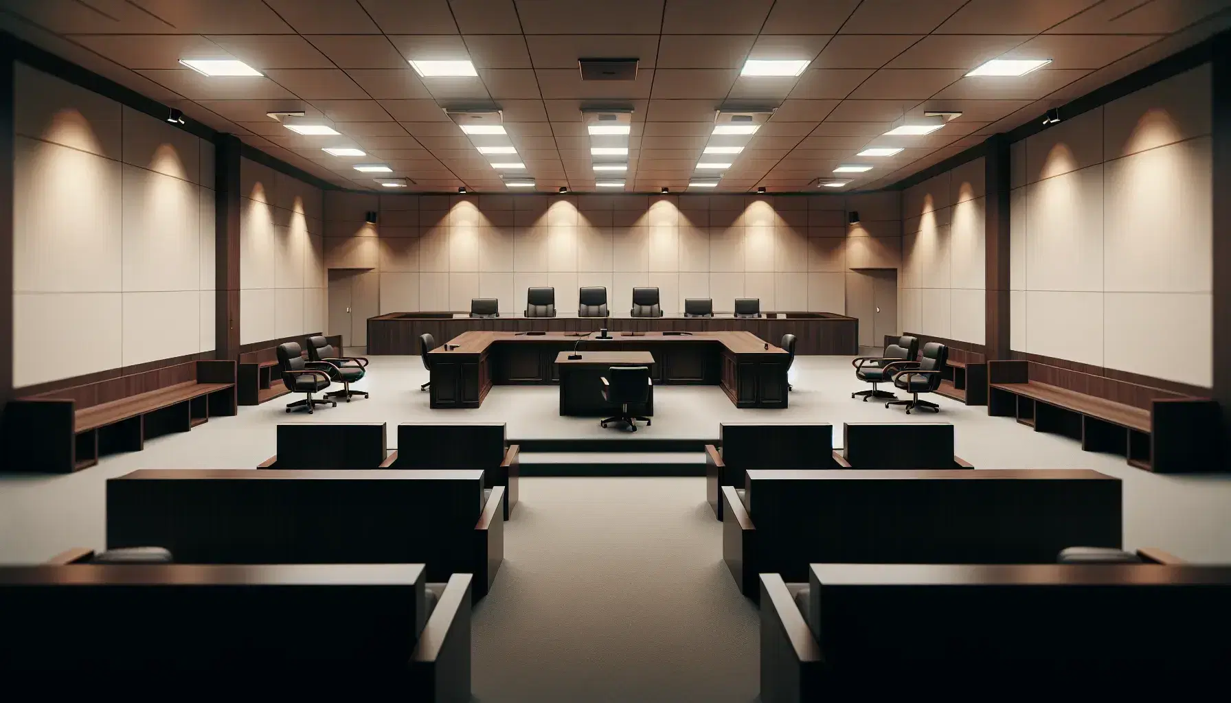 Sala de tribunal vacía con mesa central para defensa y fiscalía, estrado del juez al fondo, testigo y asientos para público.
