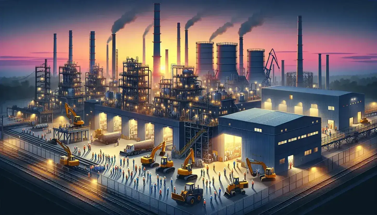 Industrial site at sunset with excavator, crane, workers in hard hats, steam chimneys, and a chain-link fence, highlighting active construction work.