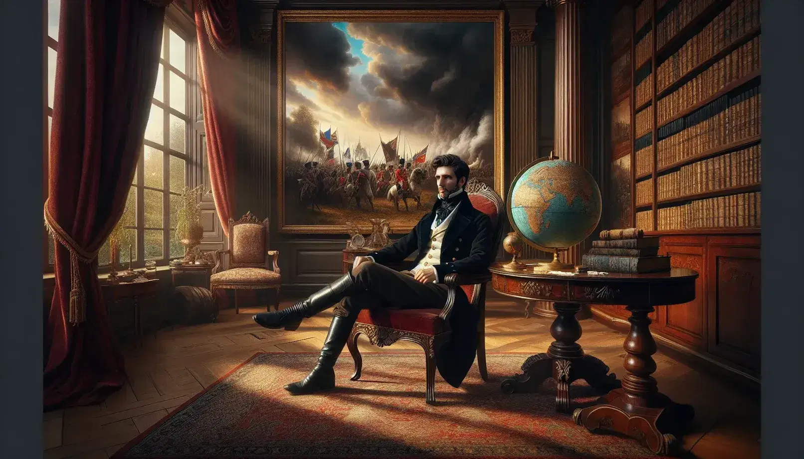 Uomo elegante del XVIII secolo seduto su poltrona in velluto rosso accanto a globo e tavolo rotondo, con libreria e dipinto di battaglia sullo sfondo.