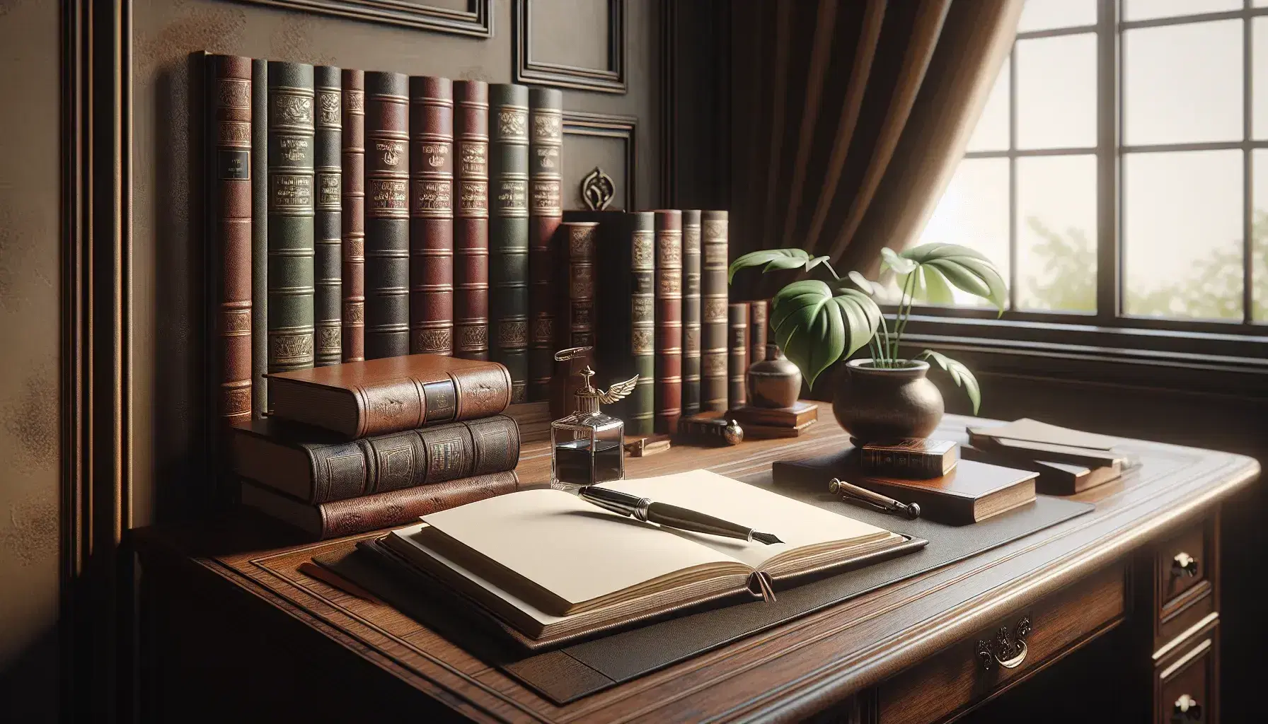 Vintage wooden writing desk with open leather-bound notebook, fountain pen, inkwell, and plant, near a bookshelf and window with sheer curtains.