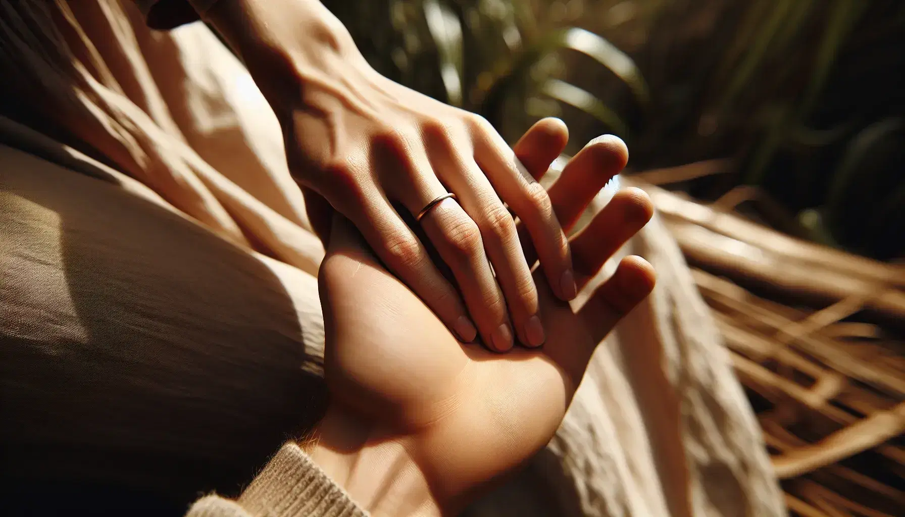 Two hands with intertwined fingers, one with a gold wedding band, set against a soft-focus outdoor backdrop with hints of greenery.