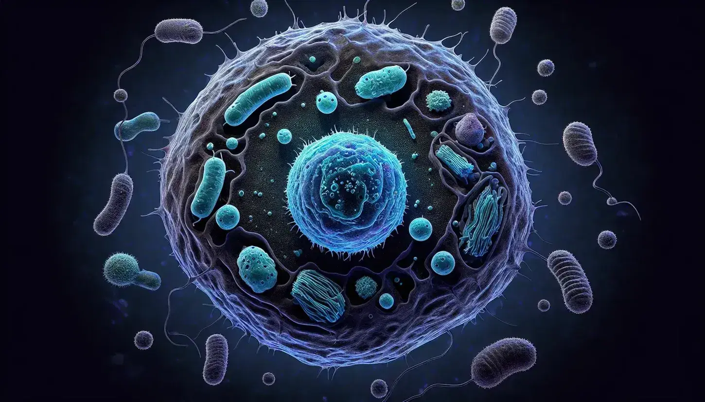 Célula eucariota microscópica con núcleo azul destacado, nucleolo, cromatina, mitocondrias, vesículas y membrana plasmática en fondo oscuro.