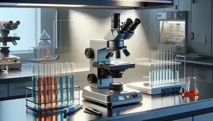 Microscopio moderno con campione biologico su vetrino, provette colorate in supporto blu e pipetta automatica in laboratorio scientifico.