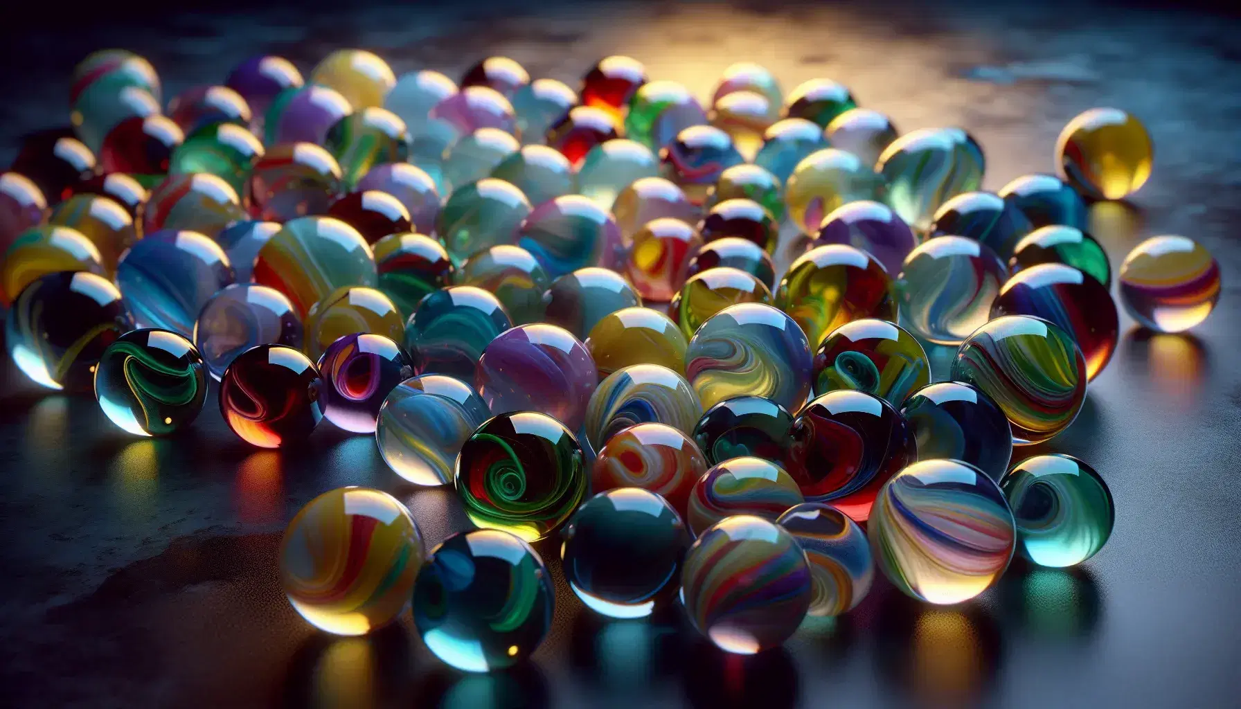 Colorful translucent marbles with swirling patterns on a dark surface, reflecting light and casting subtle shadows, in a random arrangement.