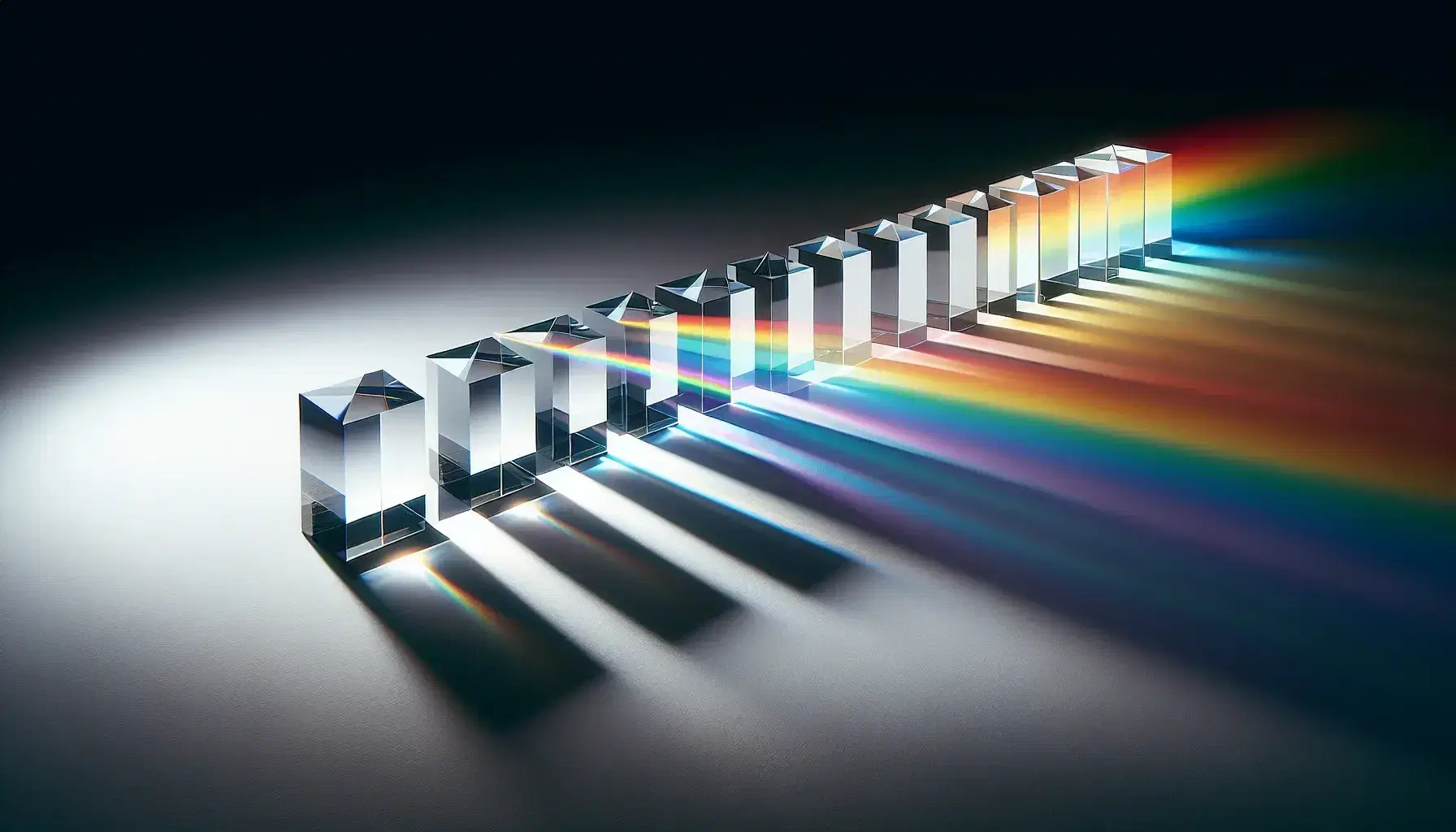 Aligned transparent prisms disperse white light into a vivid color spectrum on a background that fades to black.