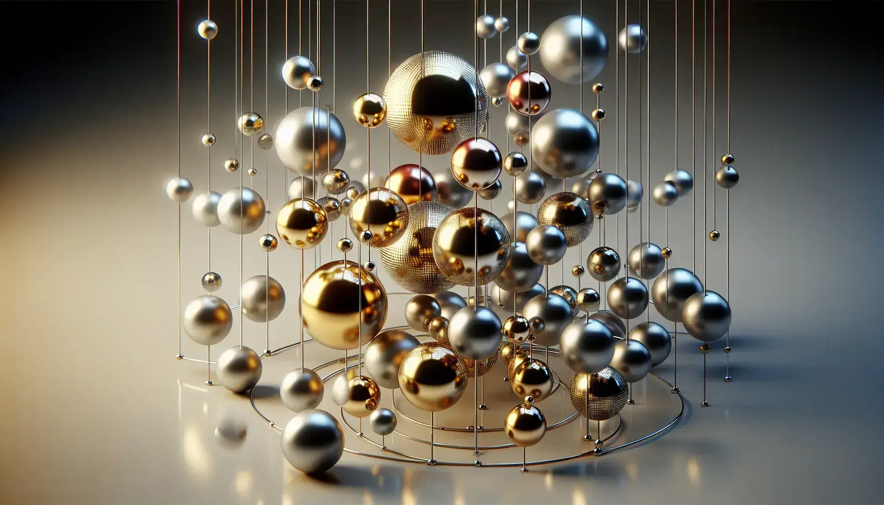Estructura tridimensional de esferas metálicas doradas y plateadas interconectadas por varillas, con juego de luces y sombras sobre fondo oscuro.