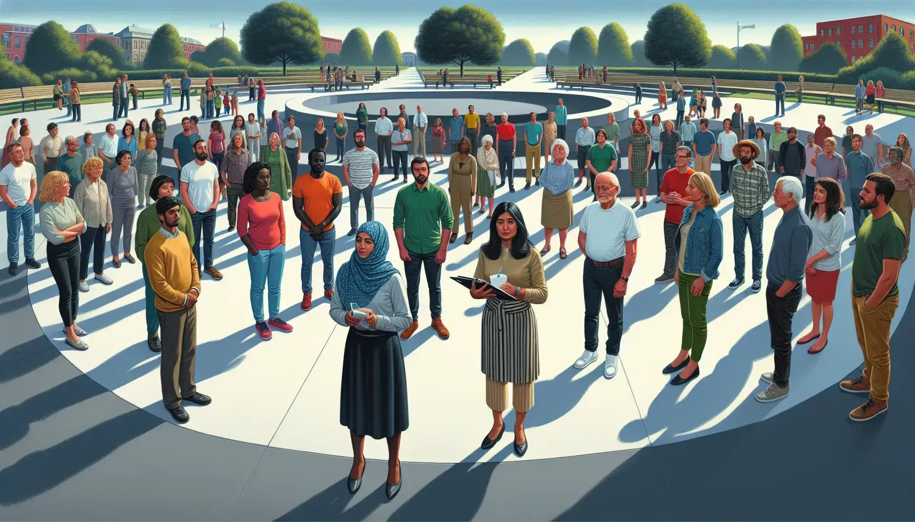 Multi-ethnic group in a circle outdoors with South Asian woman taking notes, in a park with benches and trees under a clear sky.