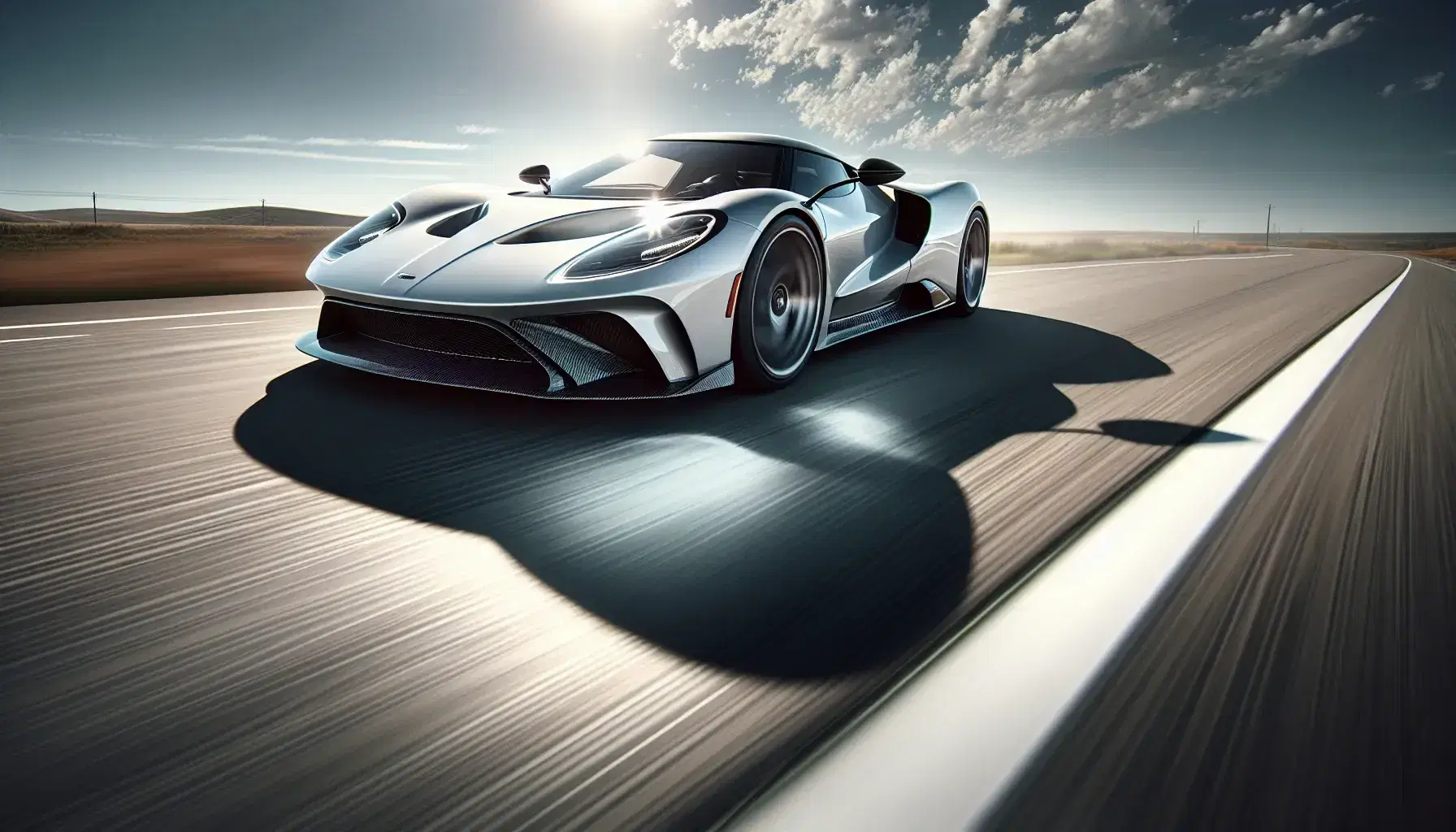 White sports car speeding on asphalt road with motion blur, reflecting sunlight, against a clear blue sky with wispy clouds.