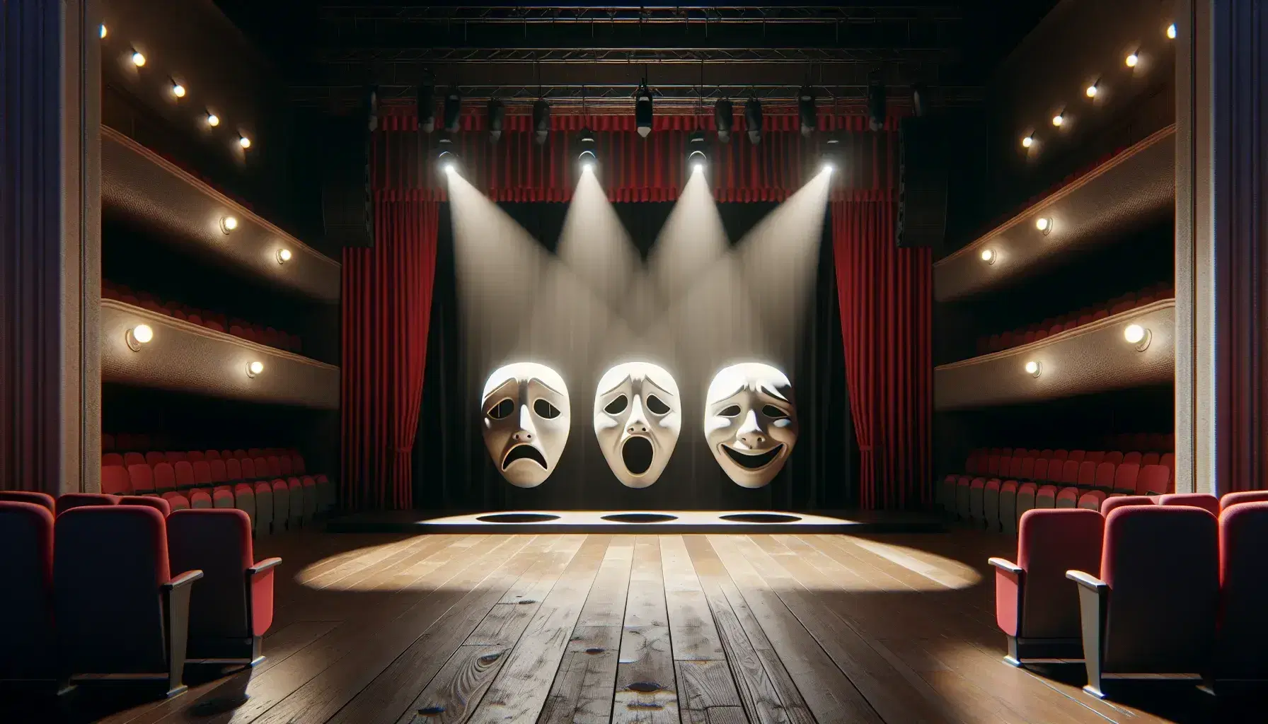 Escenario de teatro vacío con tres máscaras gigantes de expresiones teatrales, tristeza, sorpresa y alegría, iluminadas por focos entre cortinas rojas y asientos de terciopelo.