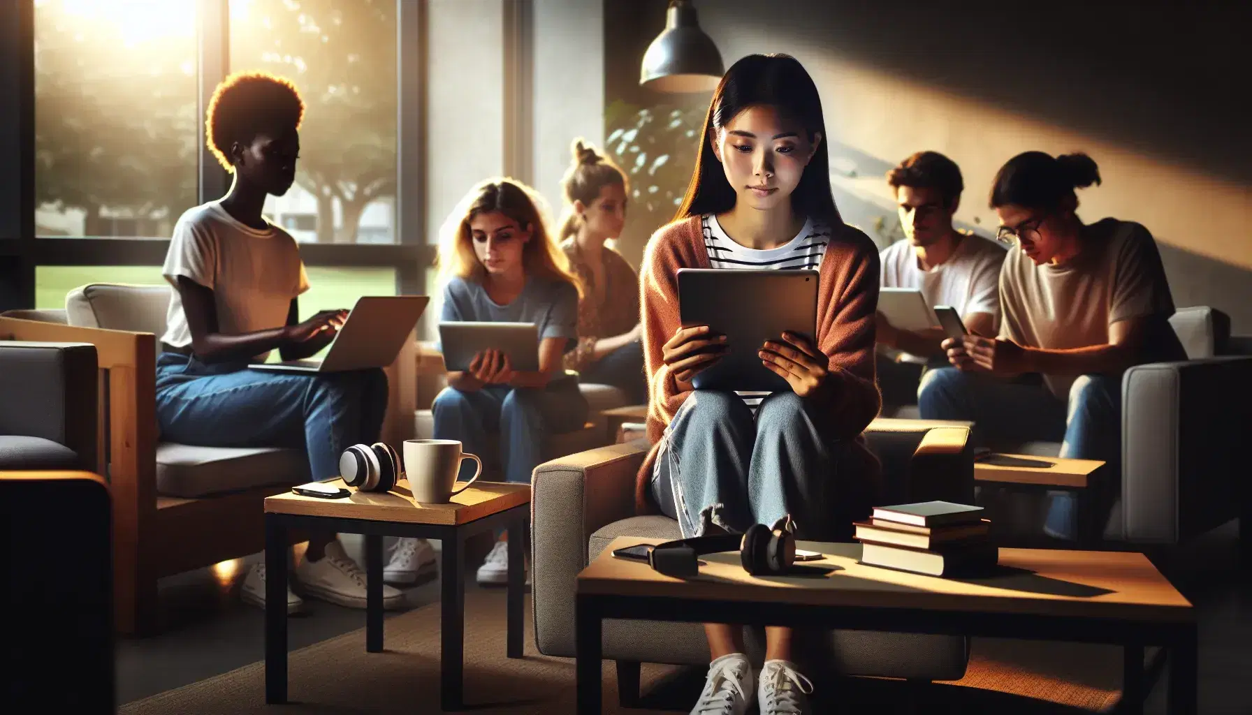 Estudiantes diversos concentrados en sus estudios con dispositivos electrónicos en ambientes interiores y al aire libre, reflejando tranquilidad y enfoque.