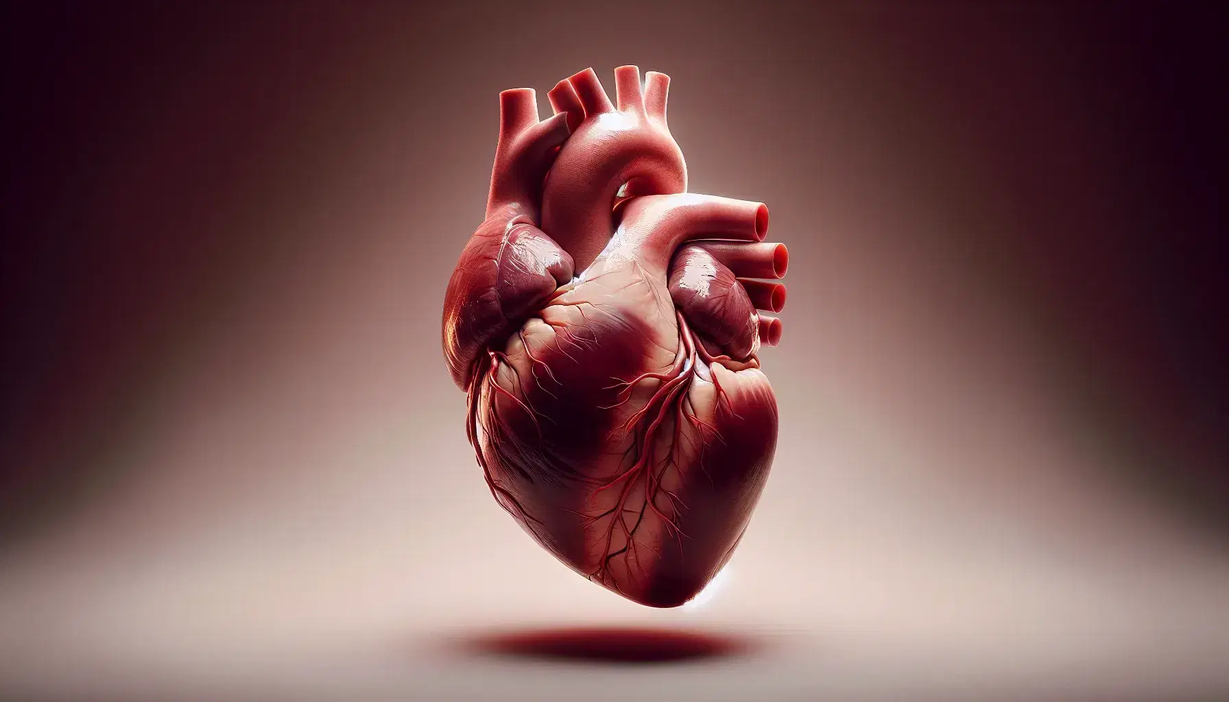 Corazón humano realista detallado en vista frontal con cámaras y arterias coronarias visibles sobre fondo neutro.