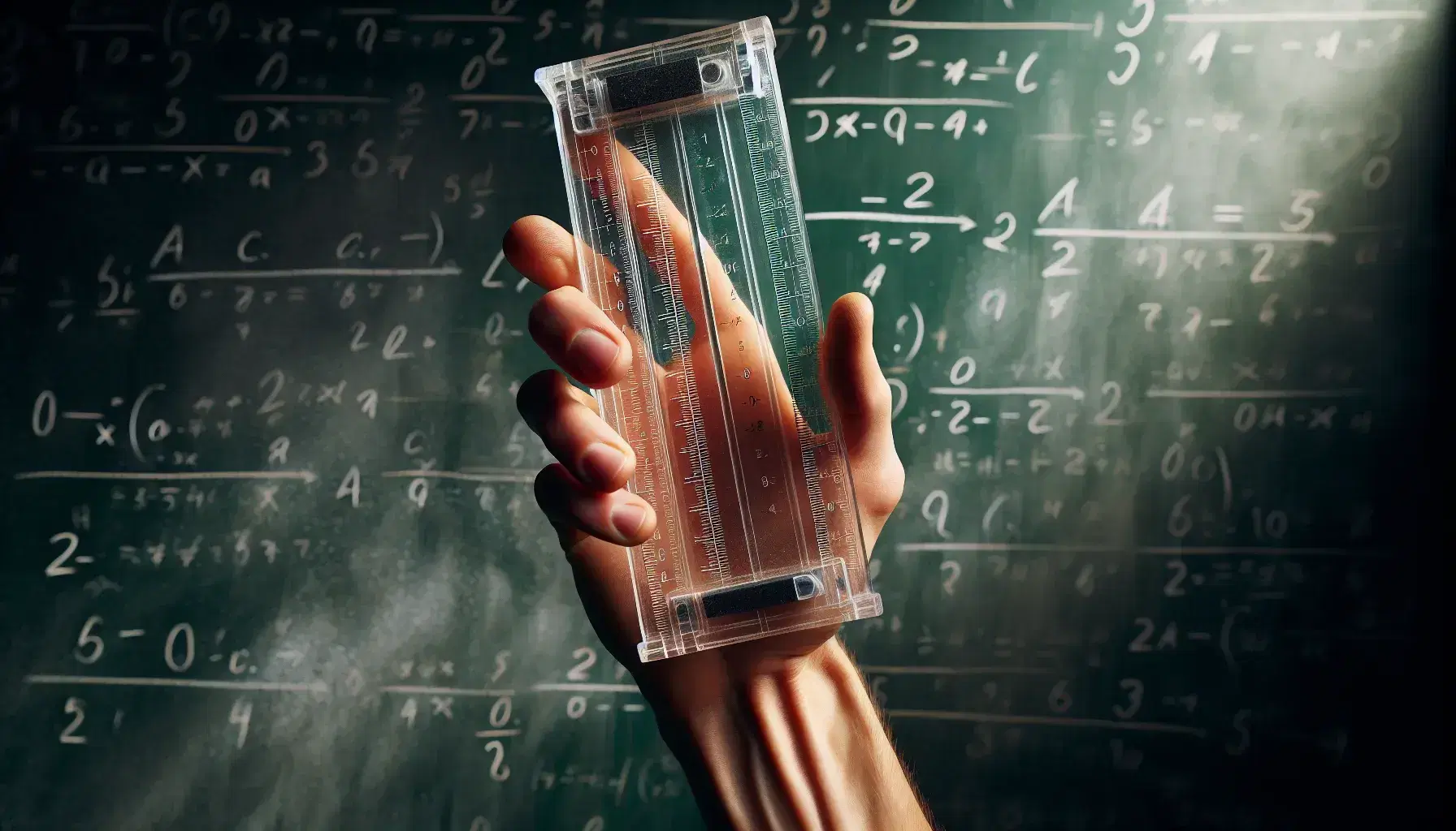 Close-up view of a hand gripping a transparent cylindrical slide rule against a chalk-dusted green chalkboard, symbolizing mathematical study.
