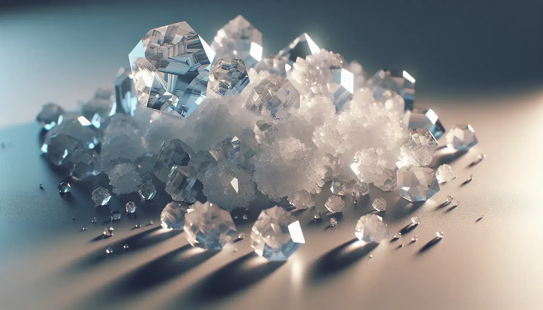 Cristalli trasparenti simili a zucchero su superficie opaca grigia con riflessi luminosi e ombre accentuate dalle forme geometriche irregolari.