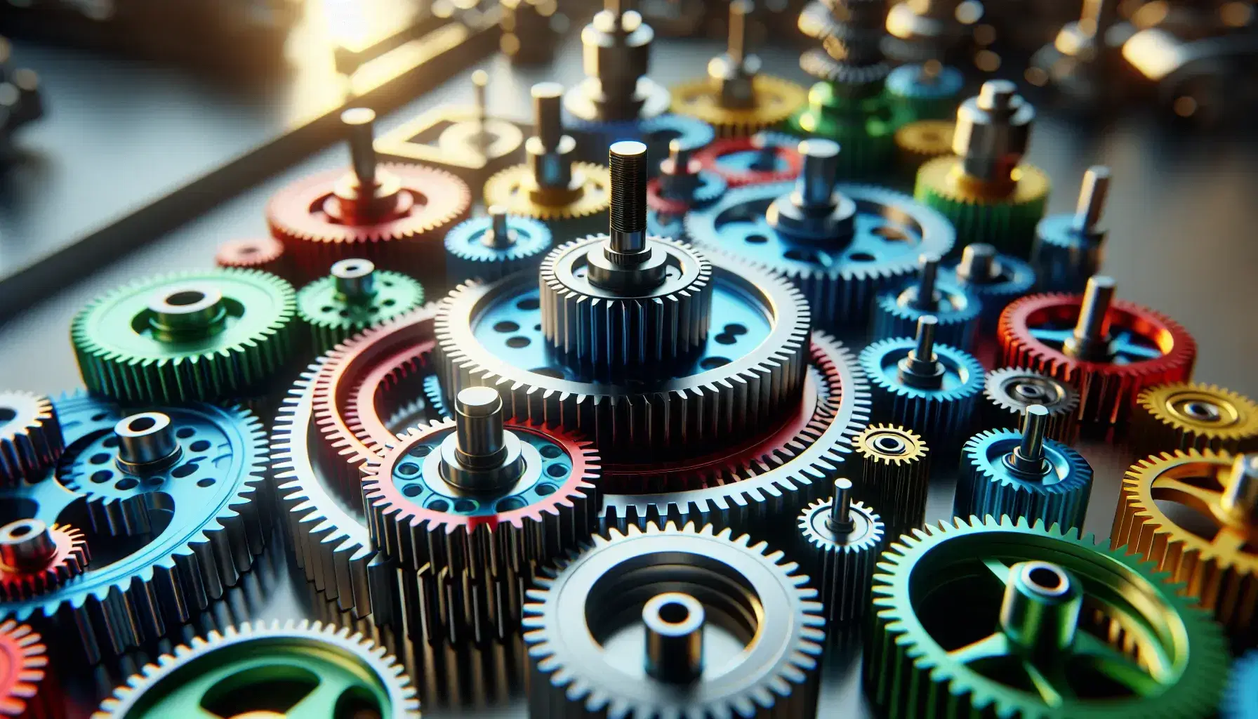 Close up of colorful gears intertwined in a mechanical system, with blurred background of a workshop, highlighting connections and engineering.