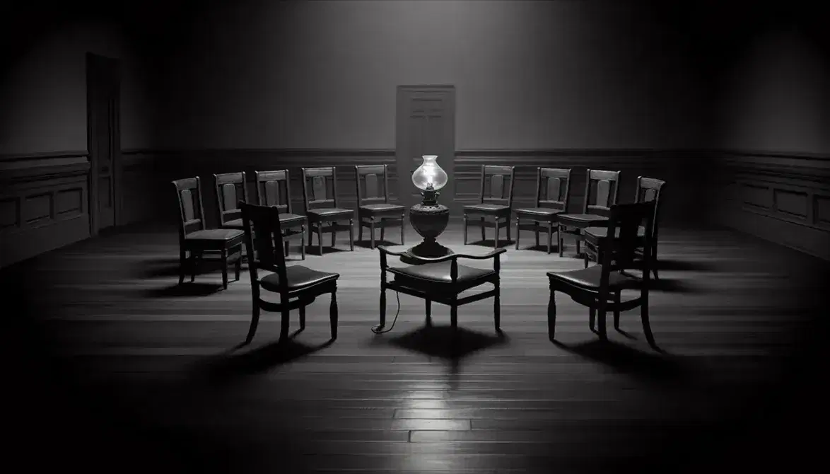 Sedie classiche in cerchio su pavimento in legno scuro con lampada a olio centrale che proietta ombre, senza finestre né scritte.