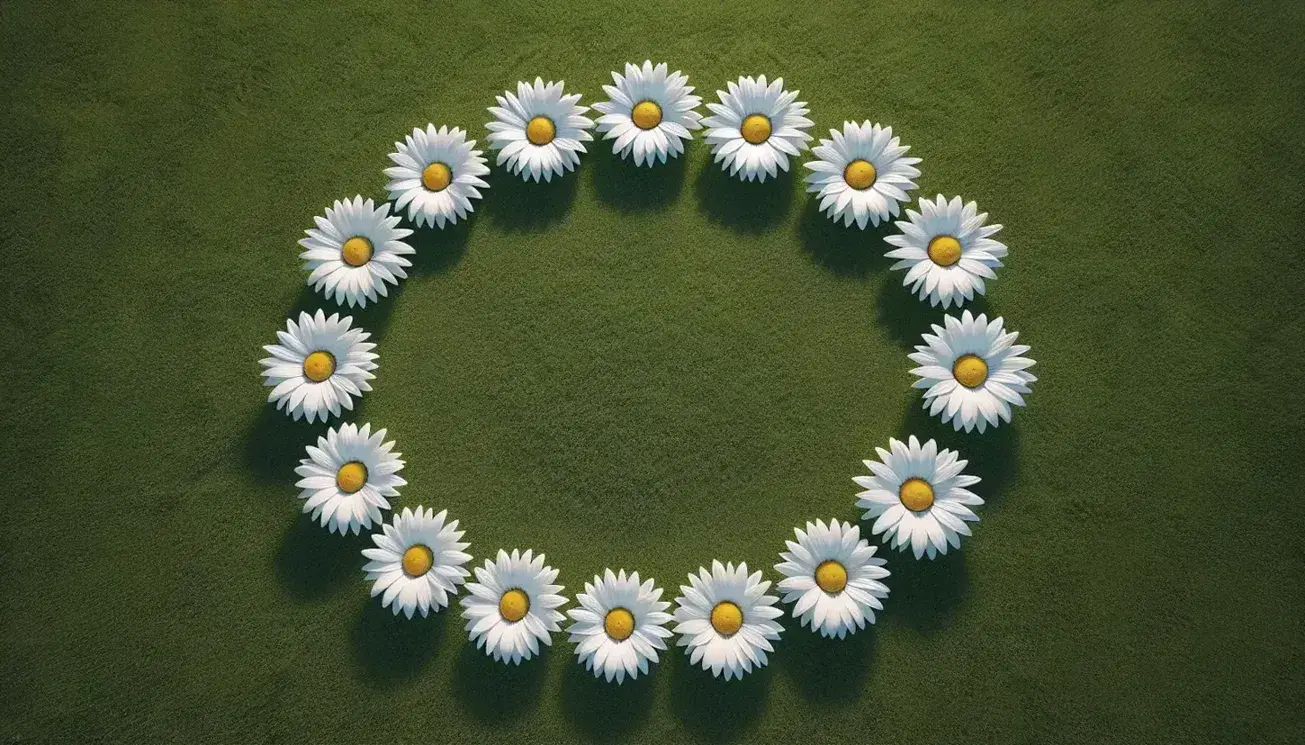 Twelve white daisies with yellow centers arranged in a clock-like circle on a lush green lawn, symbolizing a floral clock face in natural sunlight.
