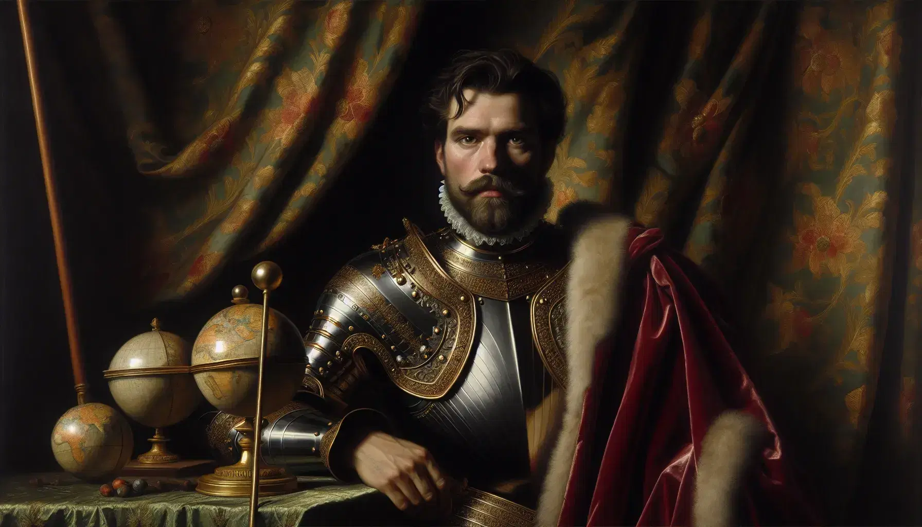Ritratto di uomo in armatura decorata e mantello rosso con bordo di pelliccia, mano su globo terrestre e bastone di comando.