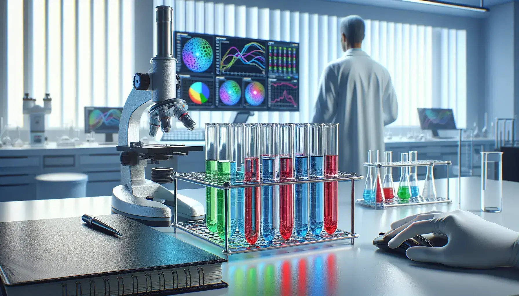 Laboratorio de investigación con tubos de ensayo de colores en estante metálico, microscopio y científico analizando datos en computadora.