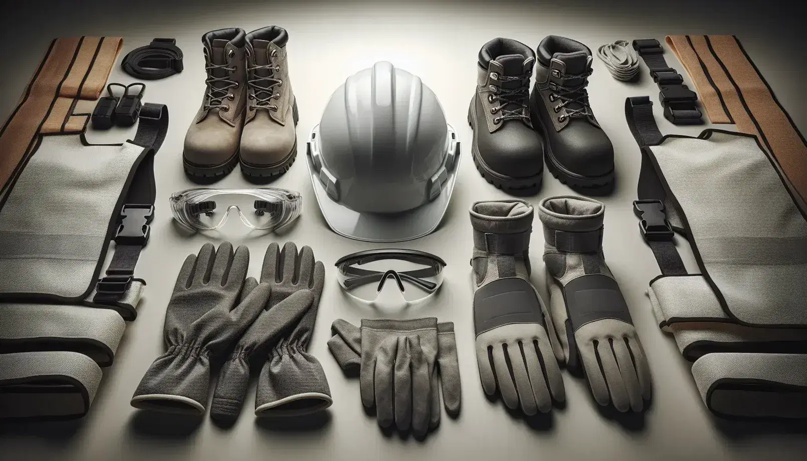 Equipo de protección personal dispuesto sobre fondo neutro, incluyendo casco de seguridad blanco con visera, gafas protectoras, guantes de trabajo reforzados y botas de seguridad marrones.