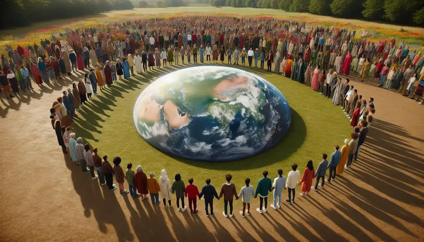 Círculo de personas diversas de distintas edades y culturas tomadas de la mano alrededor de un globo terráqueo en un parque, simbolizando unidad y diversidad global.