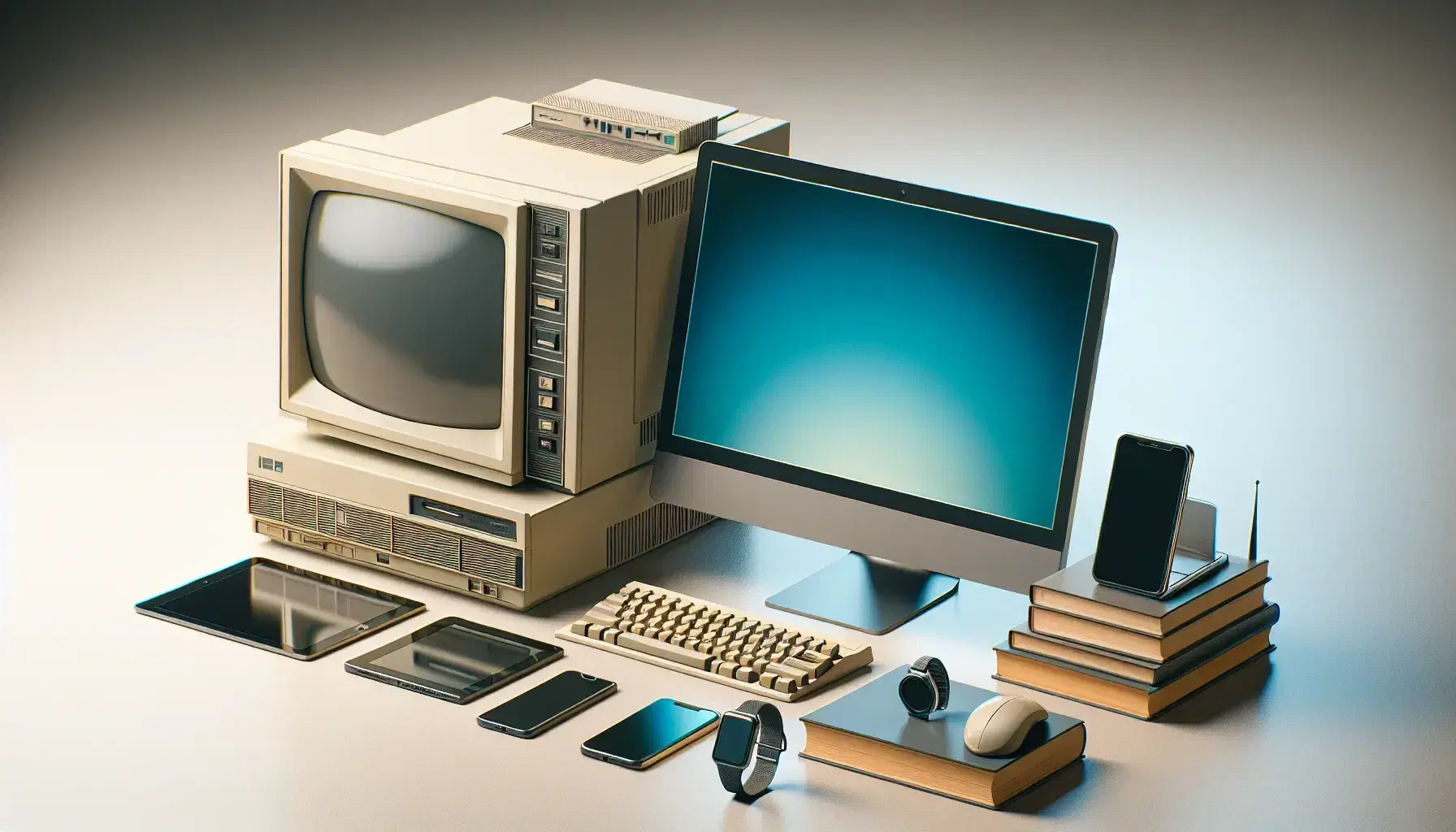 Colección de dispositivos electrónicos con laptop moderno, PC antiguo, tablet, smartphone y smartwatch sobre superficie clara y libros al fondo.