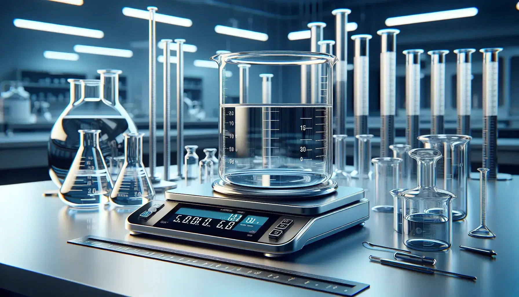 Modern laboratory with digital balance, assorted glass beakers in size order, graduated cylinders, and a stainless-steel metric ruler on a reflective surface.