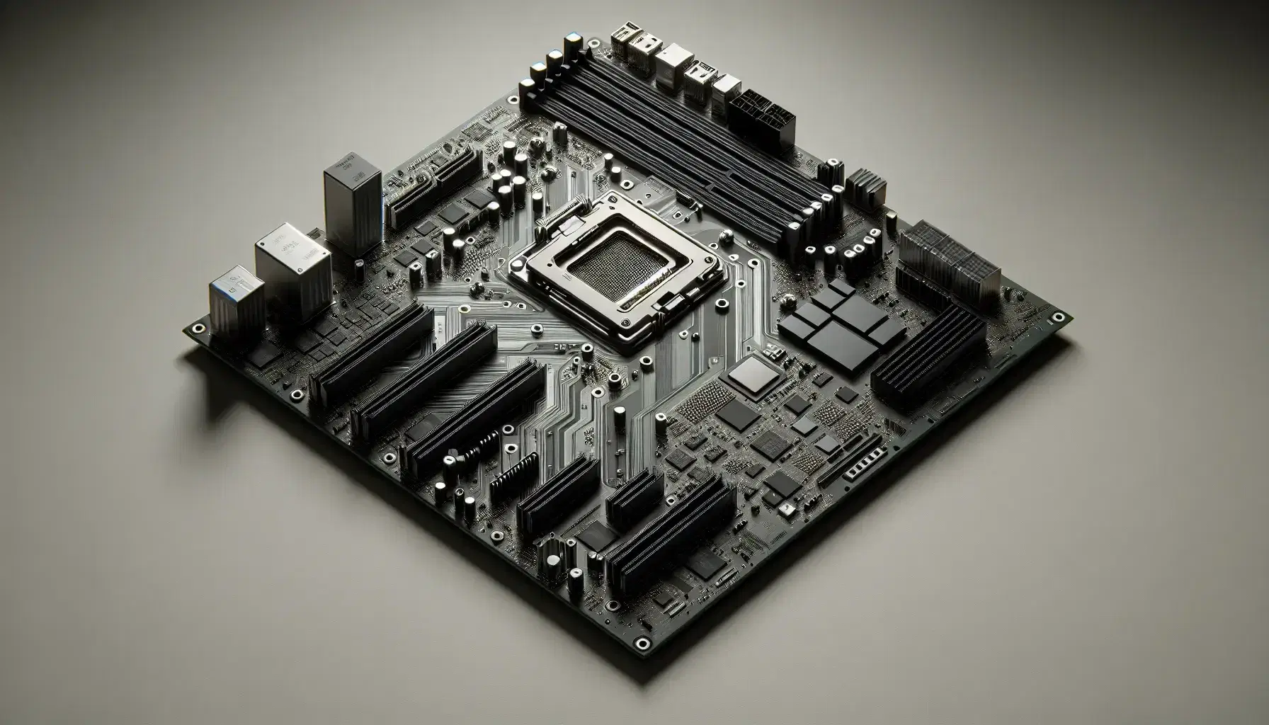 Placa base de computadora en fondo neutro mostrando procesador central, zócalos de memoria RAM y diversos conectores y puertos.