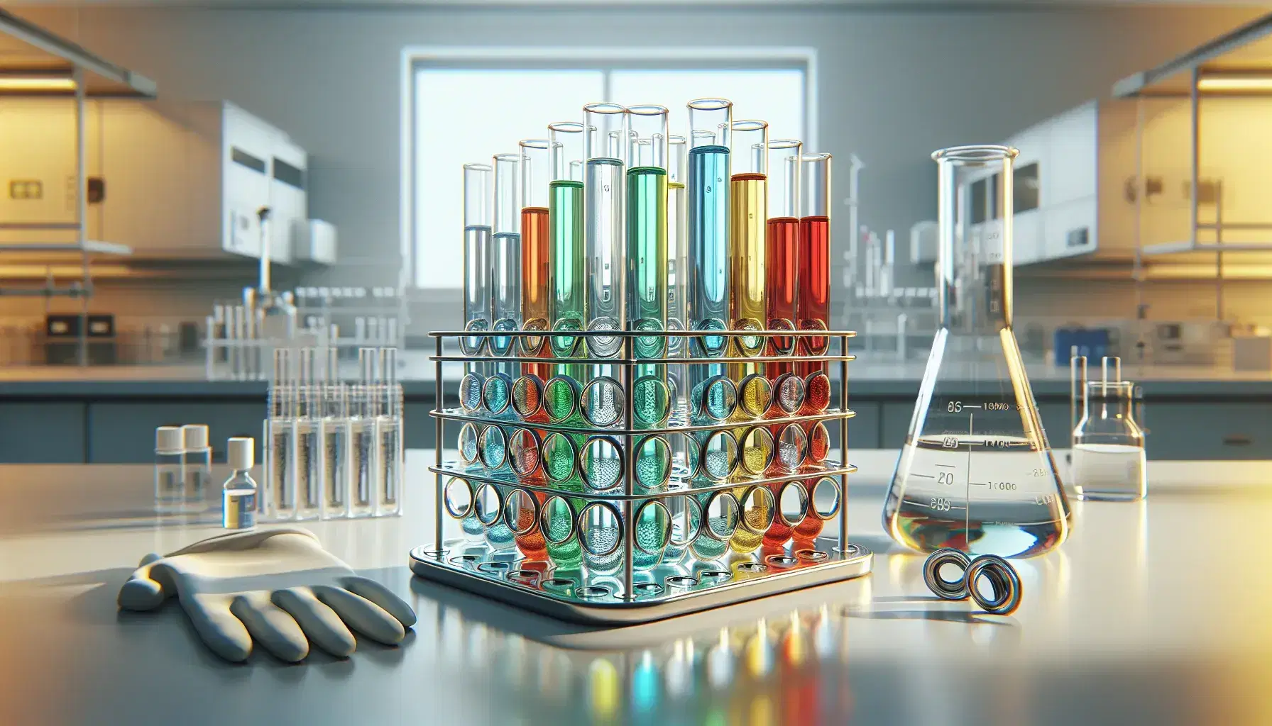 Tubos de ensayo con líquidos de colores en gradiente en soporte metálico sobre mesa de laboratorio, guante de látex a la izquierda y matraz Erlenmeyer a la derecha.